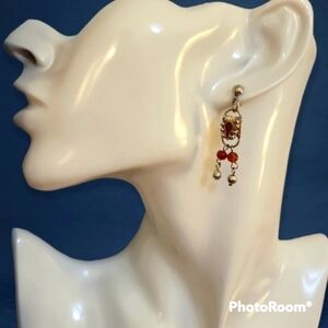 VTG Silvertone Red Ethnic Tribal Warrior Art Nouveau Chandalier Post Earrings